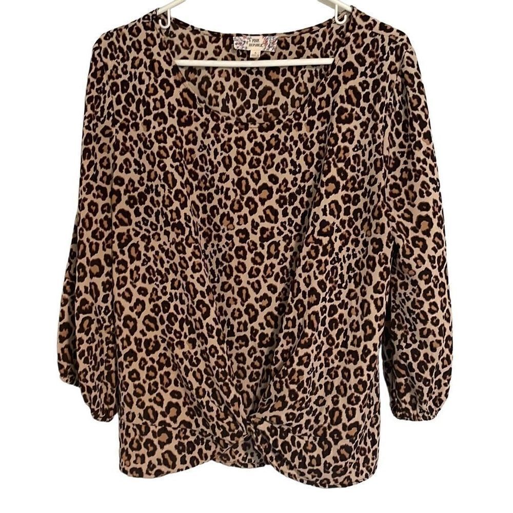 Pink Republic tan cheetah print long sleeve knot detail blouse L